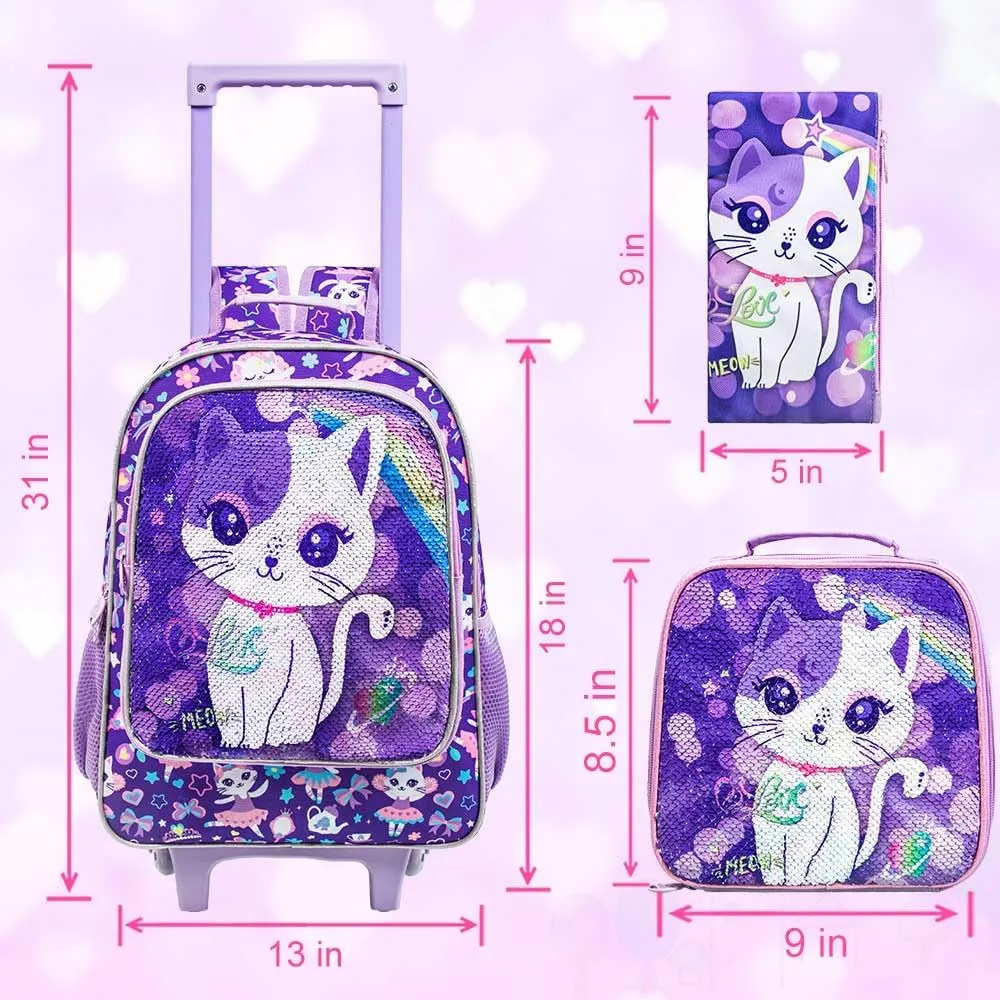 3PCS Rolling Backpack for Girls and Boys， Kids Unicorn Dinosaur Wheeled Bookbag