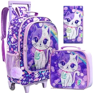 3PCS Rolling Backpack for Girls and Boys， Kids Unicorn Dinosaur Wheeled Bookbag