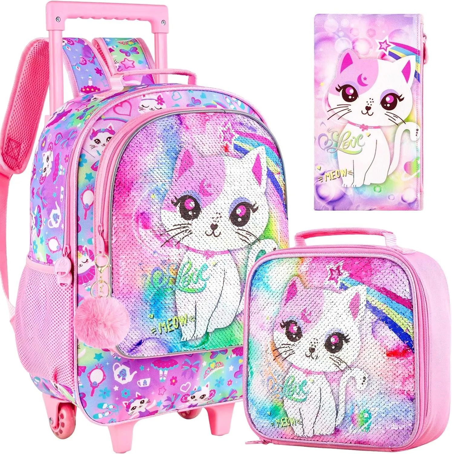 3PCS Rolling Backpack for Girls and Boys， Kids Unicorn Dinosaur Wheeled Bookbag