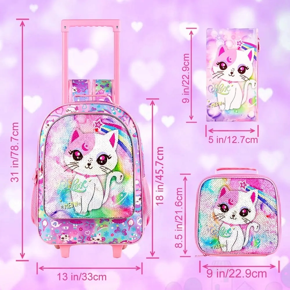 3PCS Rolling Backpack for Girls and Boys， Kids Unicorn Dinosaur Wheeled Bookbag
