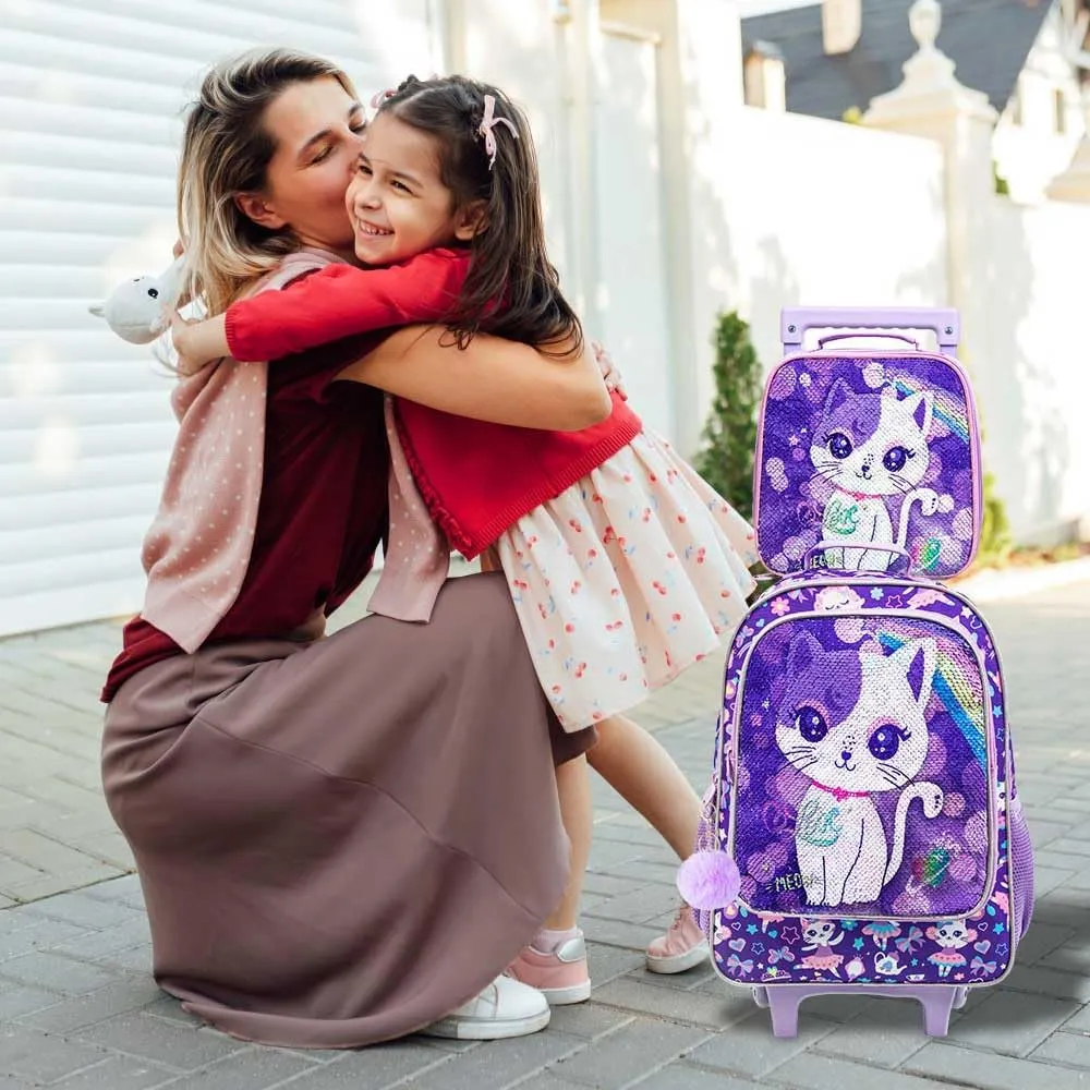 3PCS Rolling Backpack for Girls and Boys， Kids Unicorn Dinosaur Wheeled Bookbag
