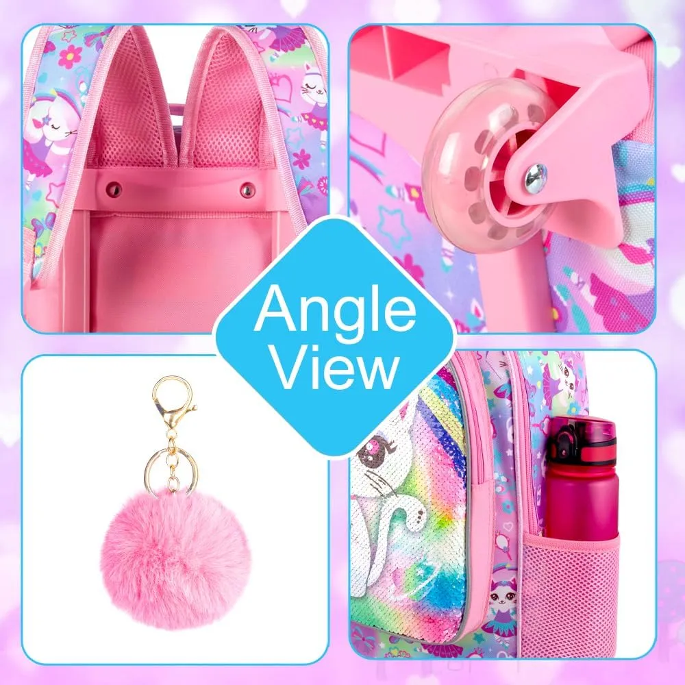 3PCS Rolling Backpack for Girls and Boys， Kids Unicorn Dinosaur Wheeled Bookbag