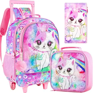 3PCS Rolling Backpack for Girls and Boys， Kids Unicorn Dinosaur Wheeled Bookbag