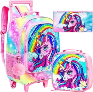3PCS Rolling Backpack for Girls, Kids Unicorn Roller Bookbag with Wheels, Wheeled School Bag Set for Elementary -Rainbow
