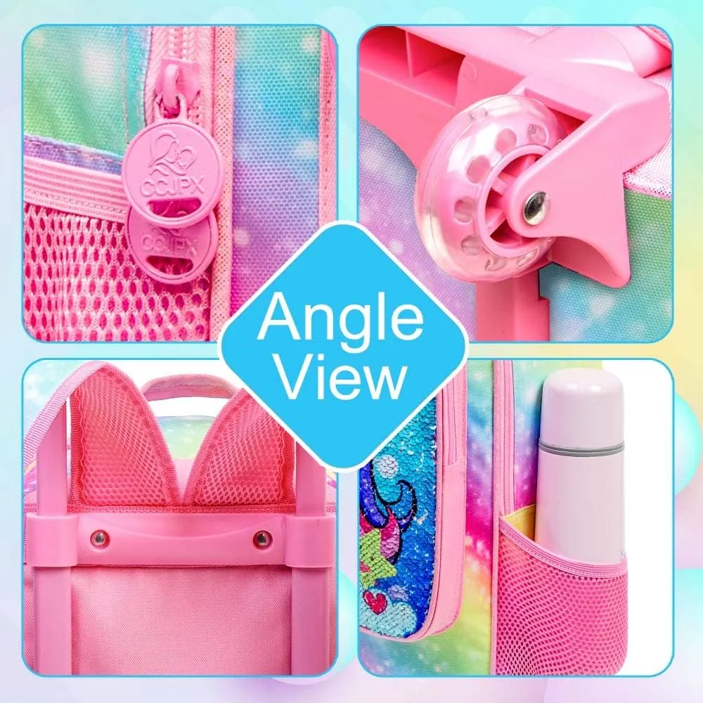 3PCS Rolling Backpack for Girls, Kids Unicorn Roller Bookbag with Wheels, Wheeled School Bag Set for Elementary -Rainbow