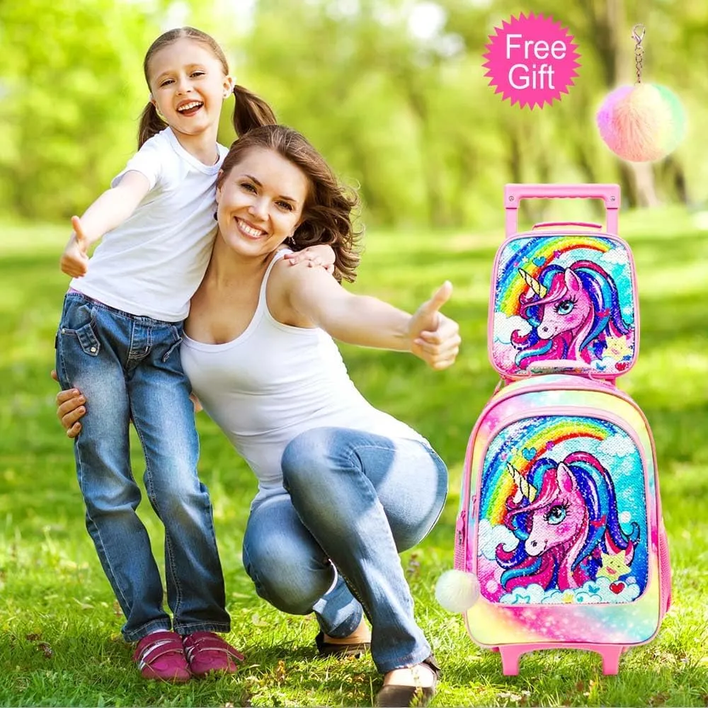 3PCS Rolling Backpack for Girls, Kids Unicorn Roller Bookbag with Wheels, Wheeled School Bag Set for Elementary -Rainbow