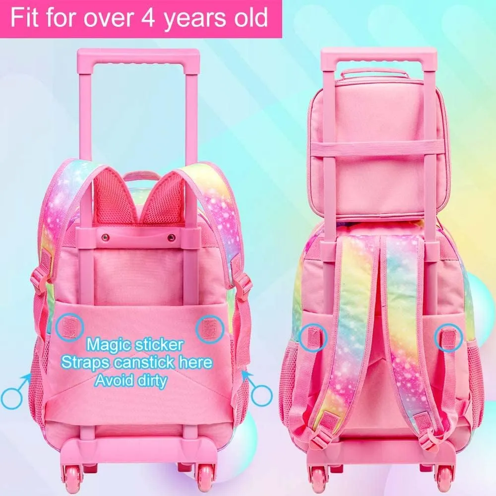 3PCS Rolling Backpack for Girls, Kids Unicorn Roller Bookbag with Wheels, Wheeled School Bag Set for Elementary -Rainbow