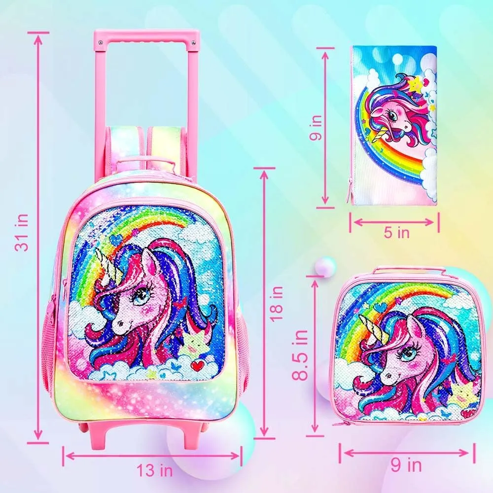 3PCS Rolling Backpack for Girls, Kids Unicorn Roller Bookbag with Wheels, Wheeled School Bag Set for Elementary -Rainbow