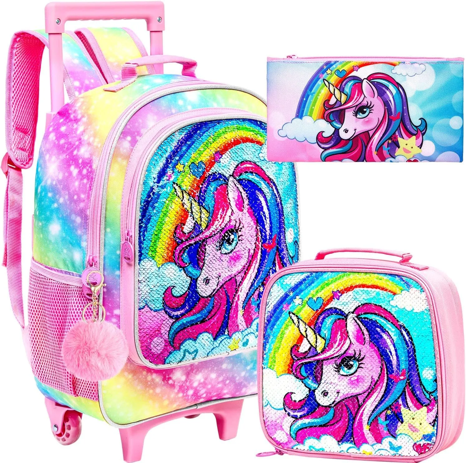 3PCS Rolling Backpack for Girls, Kids Unicorn Roller Bookbag with Wheels, Wheeled School Bag Set for Elementary -Rainbow