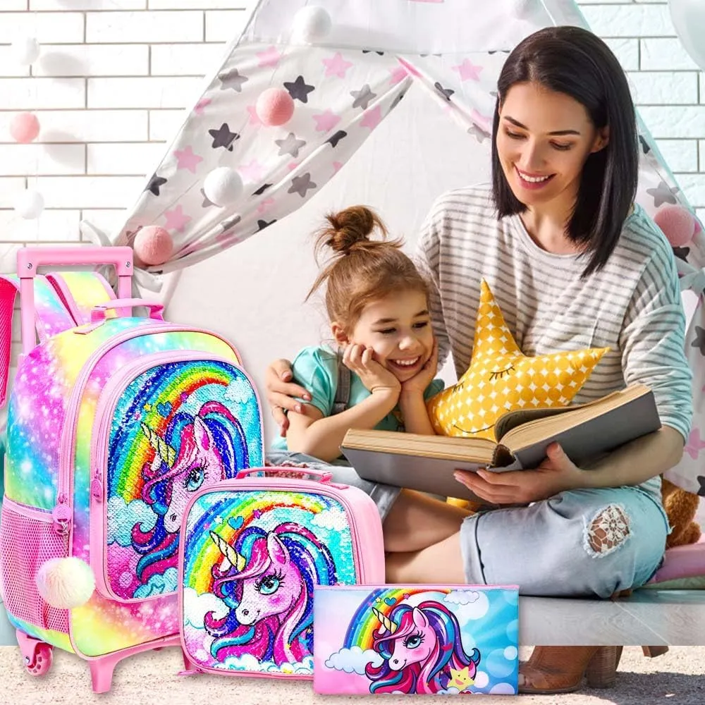 3PCS Rolling Backpack for Girls, Kids Unicorn Roller Bookbag with Wheels, Wheeled School Bag Set for Elementary -Rainbow