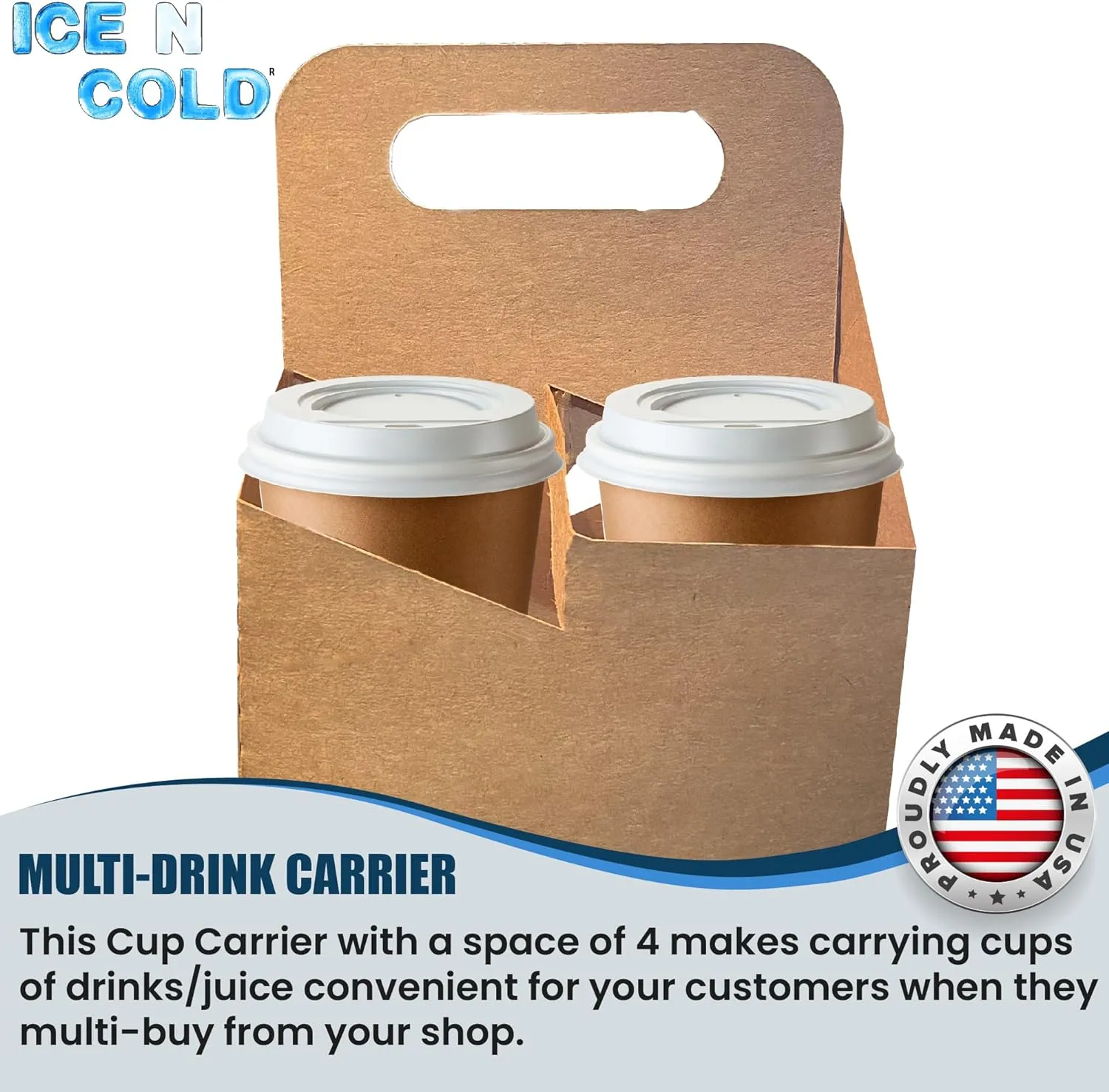 4 Cup Drink Carrier with Handle | Kraft Paperboard Cup Holder | Disposable Cup Holder for Hot or Cold Drinks | Cup Carrier for Food Delivery Services, Uber Eats, Door Dash (50)