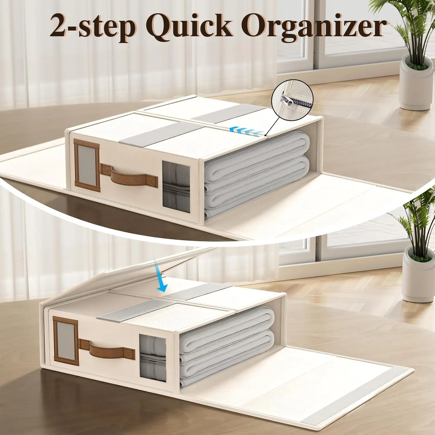 4 Pack Foldable Bed Sheets Set Organizers and Storage(King & Queen Size),Linen Fabric Closet Organizers with Window,Folding Bedding Storage Box for Bedsheets and Pillow Cube Organizer-Beige