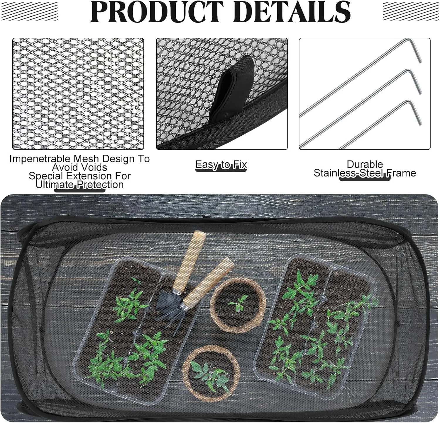 4 Pcs 39" x 18" x 16" Pop up Garden Rows Plants Cover Vegetable Mesh Plant Protector Net Cage Guard with Ground Nails for Protecting Vegetable Fruit Seedling Flower from Animal (Black)