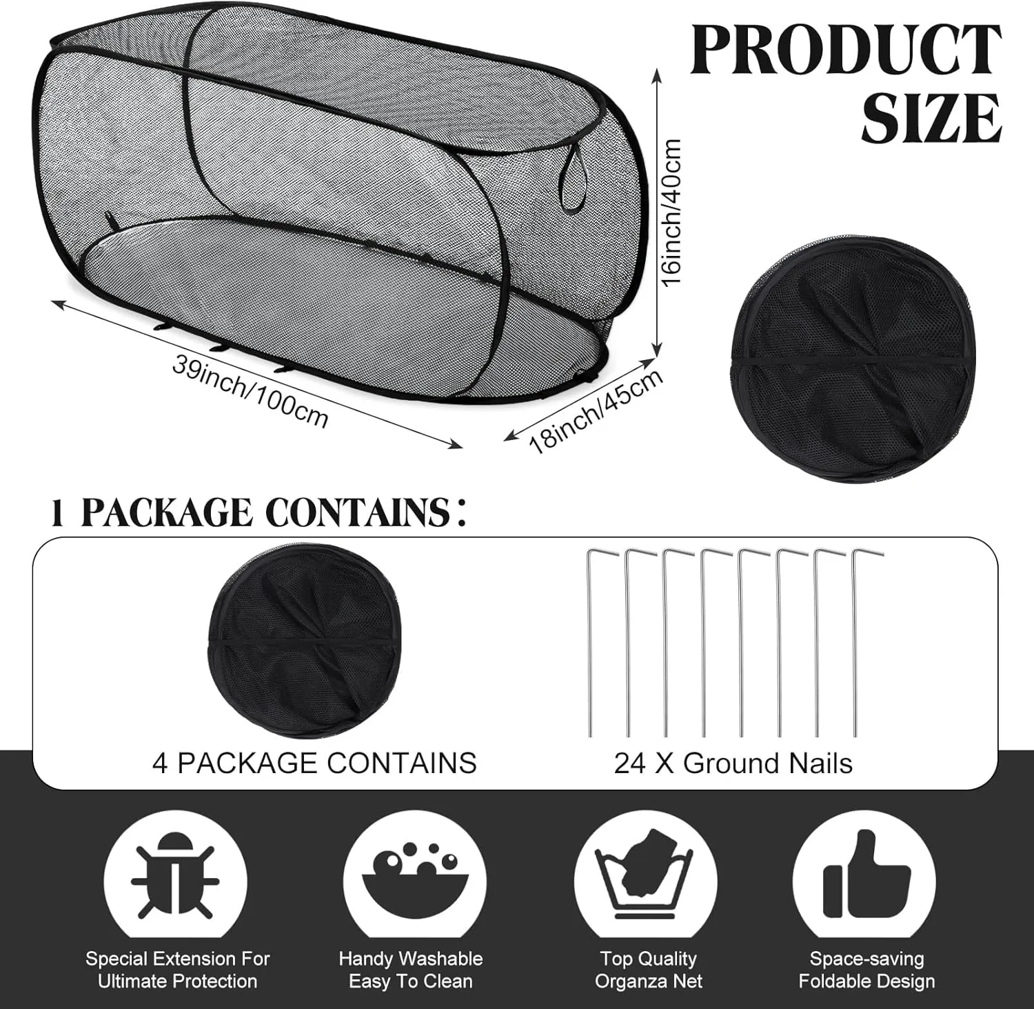 4 Pcs 39" x 18" x 16" Pop up Garden Rows Plants Cover Vegetable Mesh Plant Protector Net Cage Guard with Ground Nails for Protecting Vegetable Fruit Seedling Flower from Animal (Black)