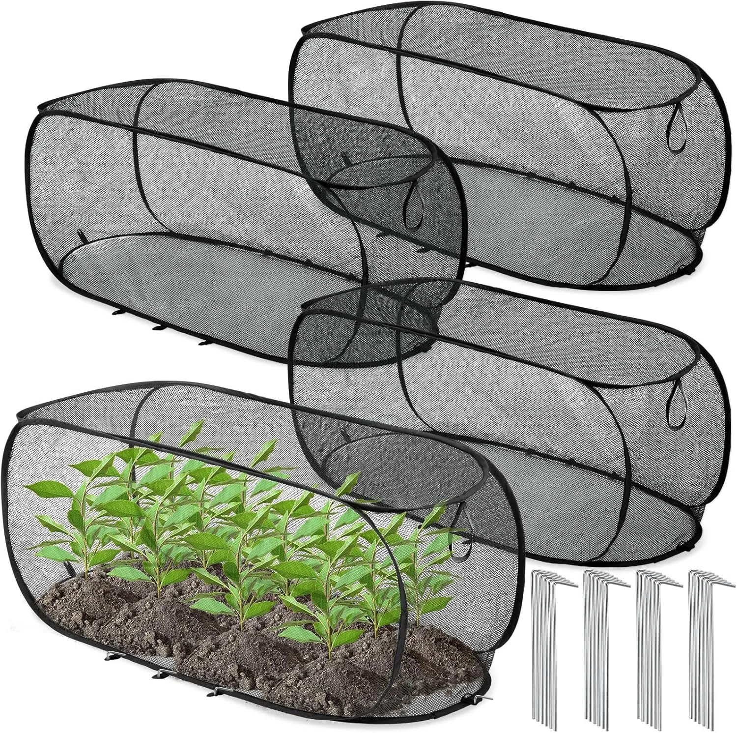4 Pcs 39" x 18" x 16" Pop up Garden Rows Plants Cover Vegetable Mesh Plant Protector Net Cage Guard with Ground Nails for Protecting Vegetable Fruit Seedling Flower from Animal (Black)