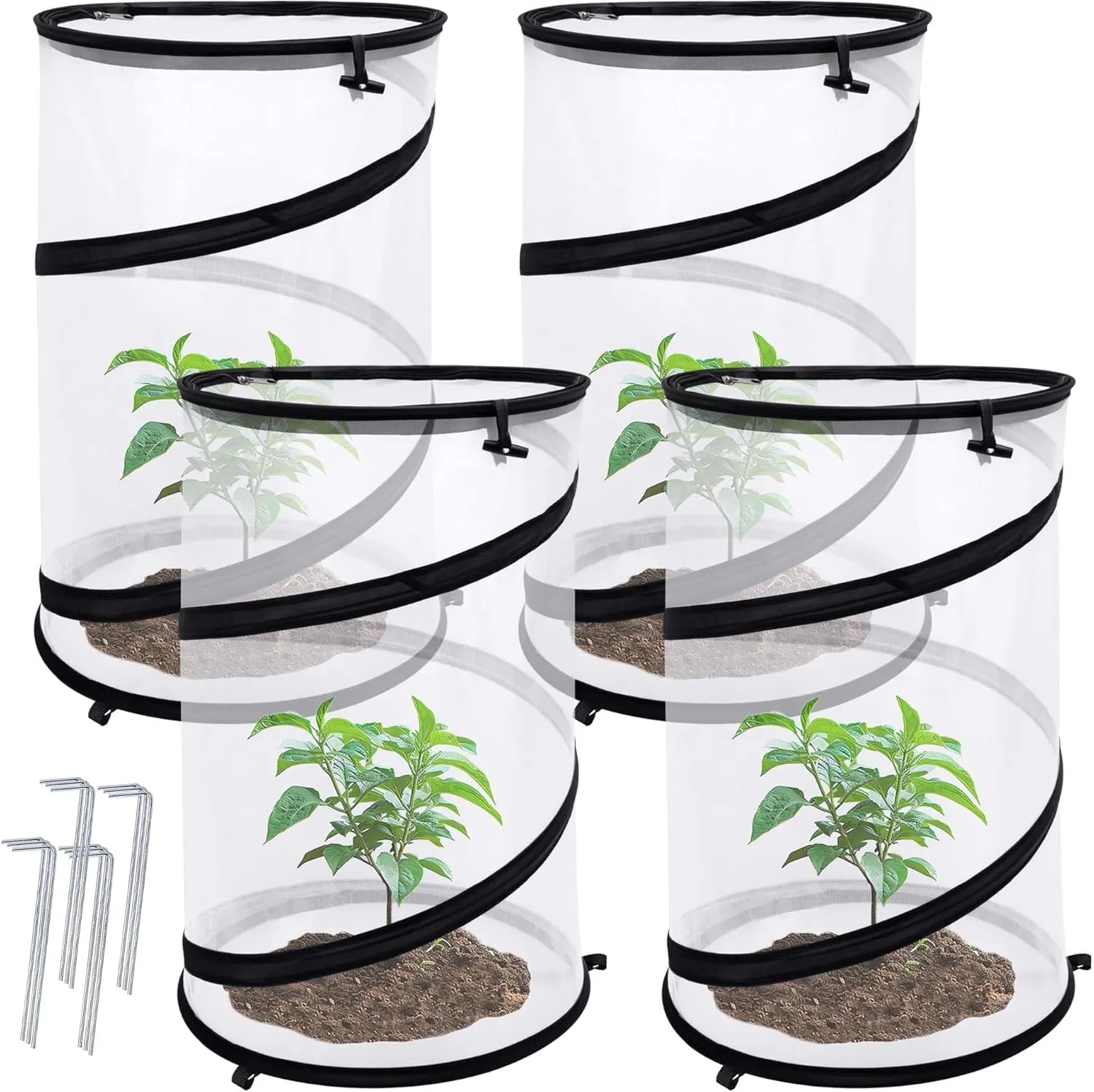 4 Pcs Pop Up Insect Barrier Plant Cover Net, 19.6" x 11.8" Round Foldable Plant Protectors Mesh Plant Enclosure, Garden Net Cage Guard Cover with Stakes & Carry Bag for Protect Plants from Bird Insect