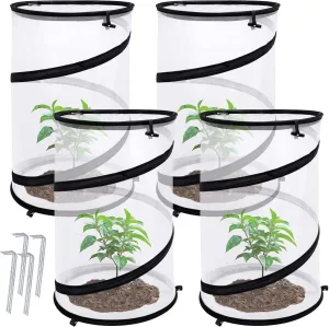 4 Pcs Pop Up Insect Barrier Plant Cover Net, 19.6" x 11.8" Round Foldable Plant Protectors Mesh Plant Enclosure, Garden Net Cage Guard Cover with Stakes & Carry Bag for Protect Plants from Bird Insect