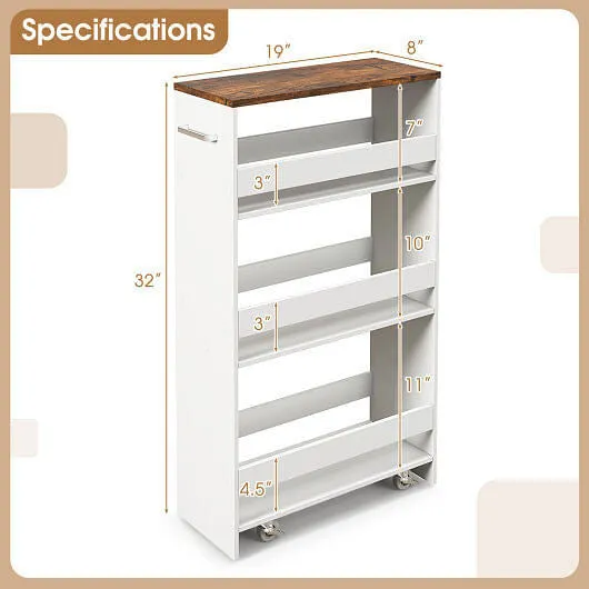 4-Tier Rolling Storage Cart Slim Kitchen Cart on Wheels with Open Shelves and Ha