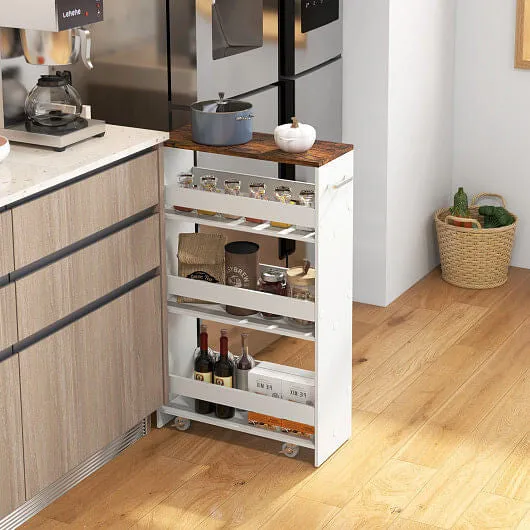 4-Tier Rolling Storage Cart Slim Kitchen Cart on Wheels with Open Shelves and Ha