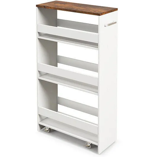 4-Tier Rolling Storage Cart Slim Kitchen Cart on Wheels with Open Shelves and Ha