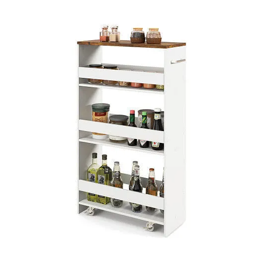 4-Tier Rolling Storage Cart Slim Kitchen Cart on Wheels with Open Shelves and Ha