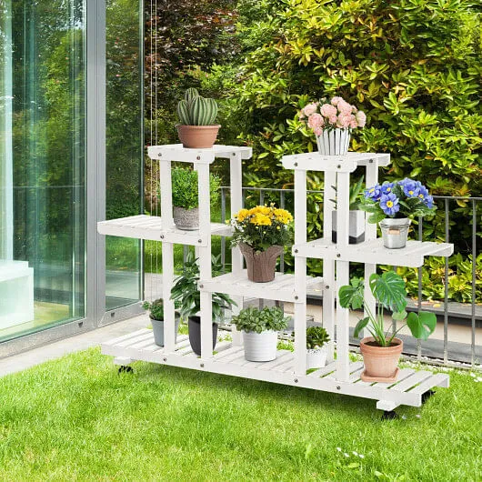 4-Tier Wood Casters Rolling Shelf Plant Stand - Color: White