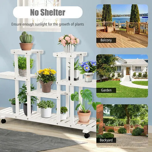 4-Tier Wood Casters Rolling Shelf Plant Stand - Color: White