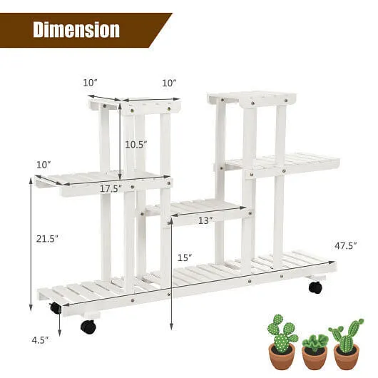 4-Tier Wood Casters Rolling Shelf Plant Stand - Color: White