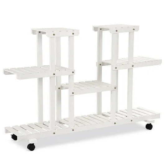 4-Tier Wood Casters Rolling Shelf Plant Stand - Color: White
