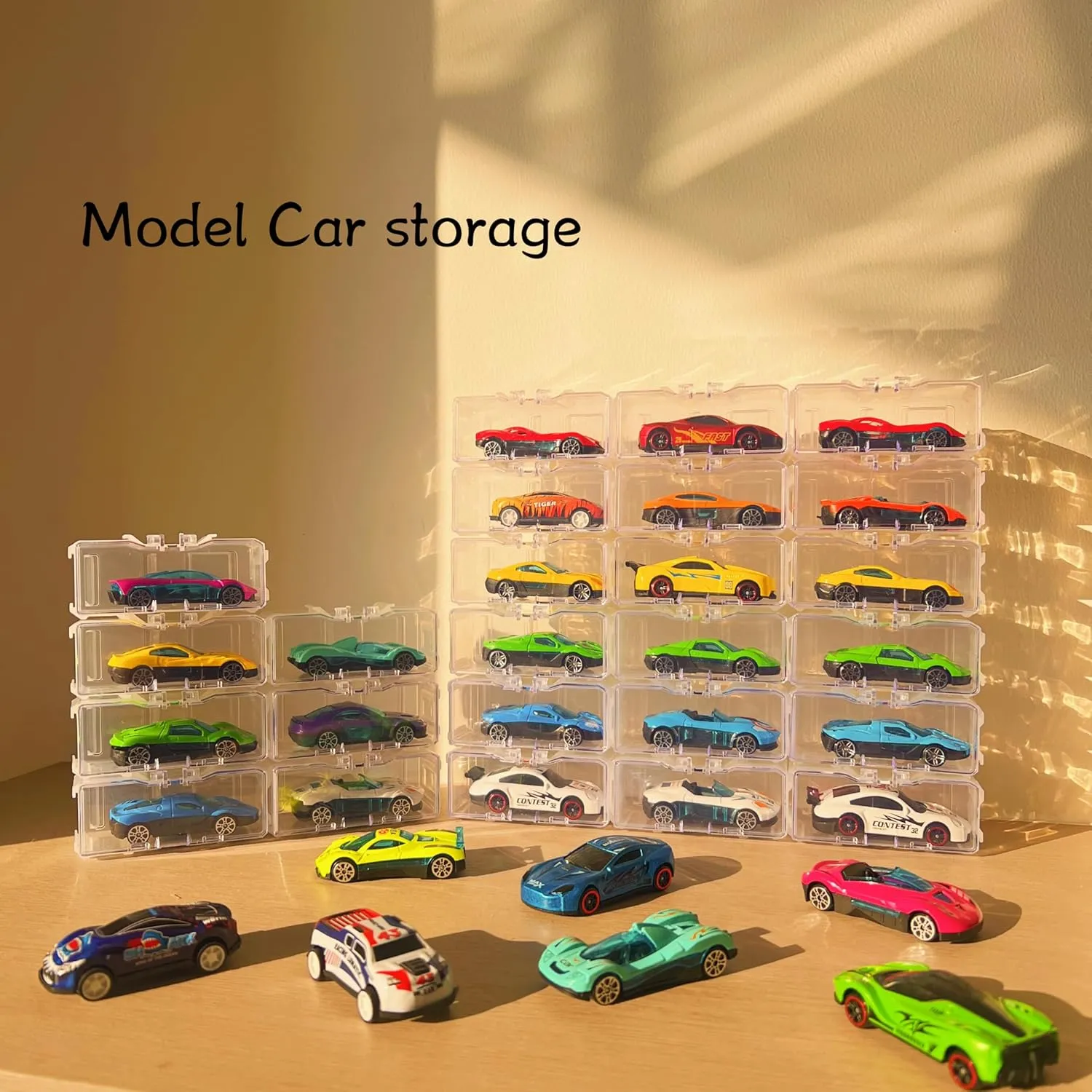 40 Pcs 1/64 Scale Toy Car Display Case for Hot Wheels, Matchbox, Model & Mini Cars – Clear Acrylic Storage Organizer with Snap-On Dust Cover for Collectibles (White Transparent)