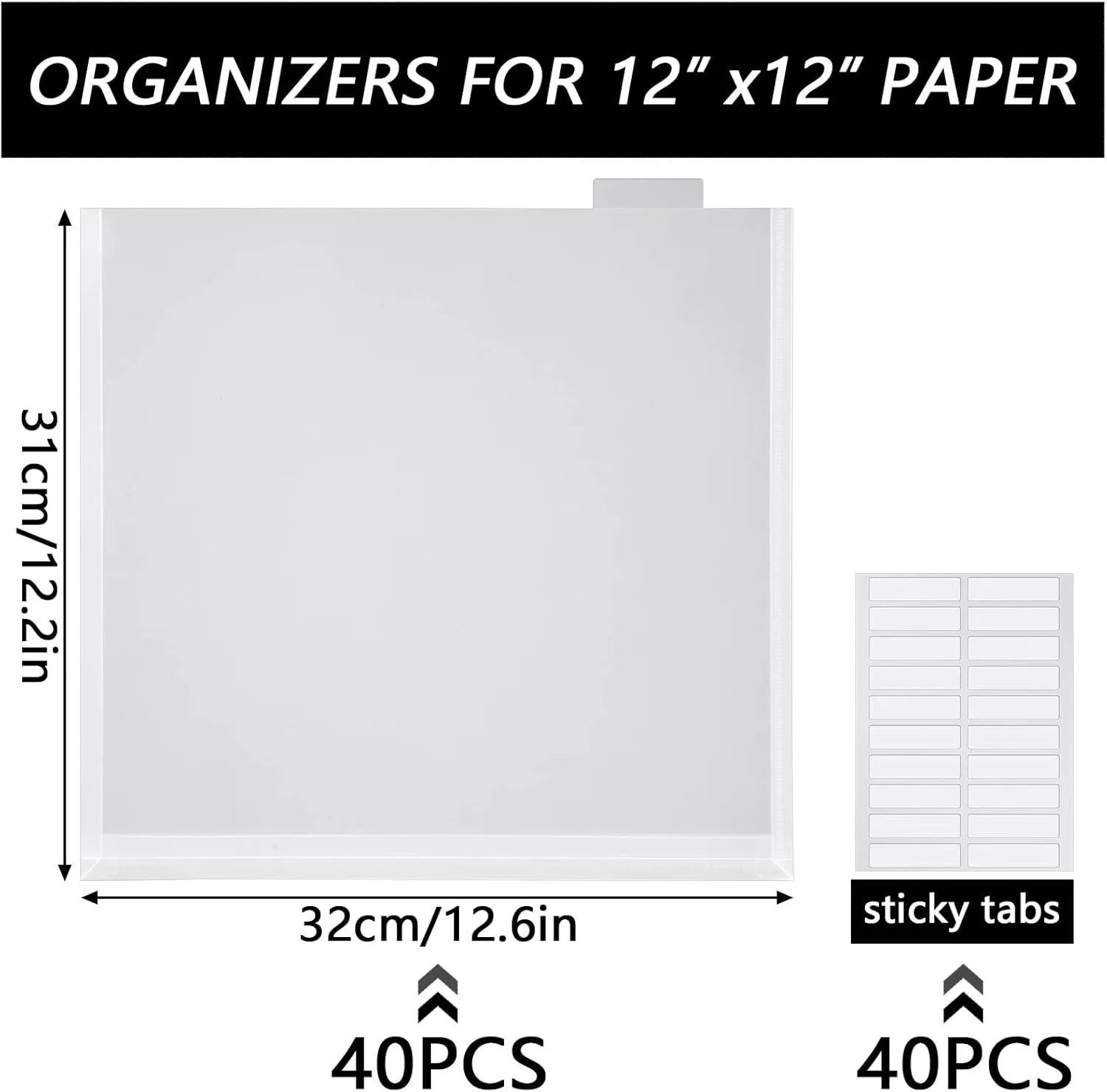 40 Set 12 x 12 Scrapbook Paper Storage Organizer Clear Top Loading Files Plastic Holder with Customizable Tabs for Holding Vinyl Paper Scrapbook Photos