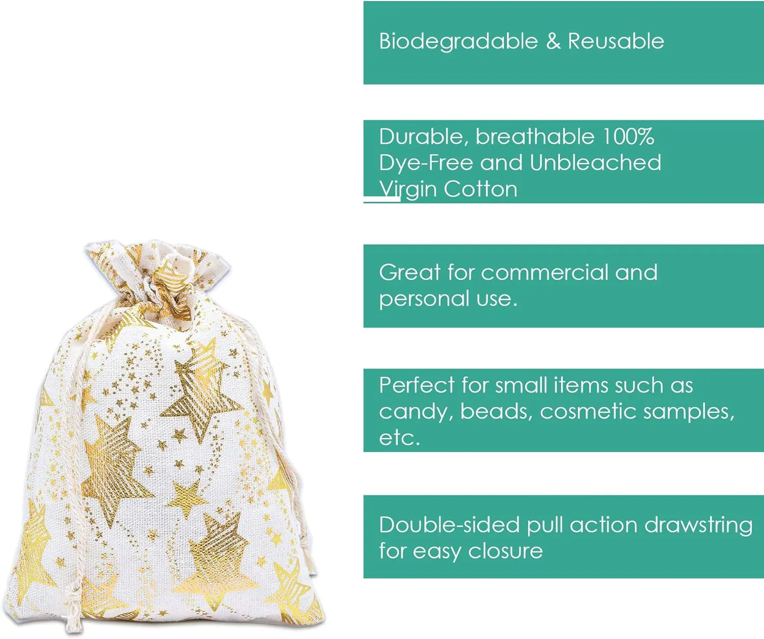 48-Pack 6x8 Cotton Canvas Muslin Reusable Gift Bags w. Drawstrings (Golden Stars, Medium) - for Presents, Party Favors, Retail, Samples by TheDisplayGuys
