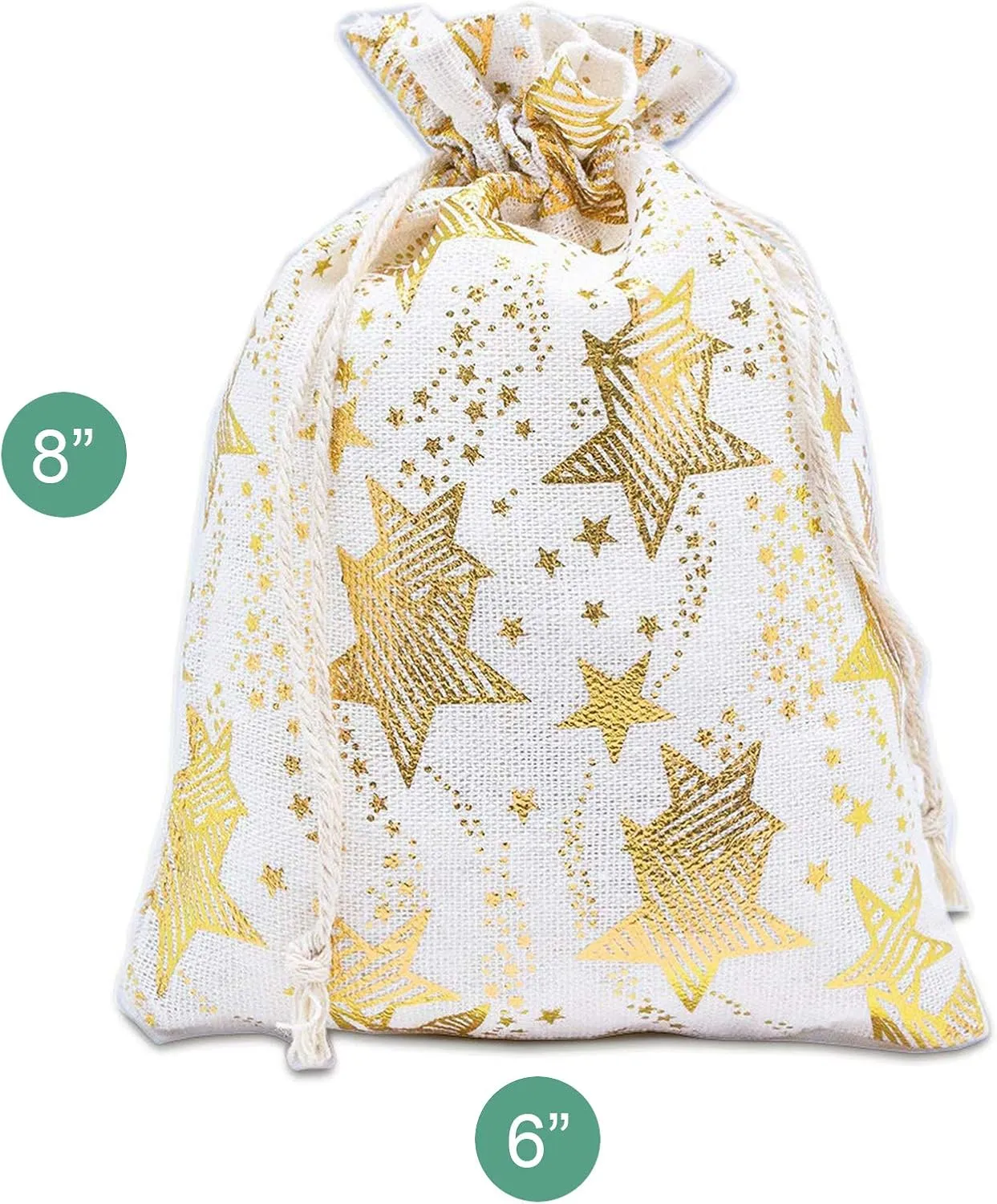 48-Pack 6x8 Cotton Canvas Muslin Reusable Gift Bags w. Drawstrings (Golden Stars, Medium) - for Presents, Party Favors, Retail, Samples by TheDisplayGuys