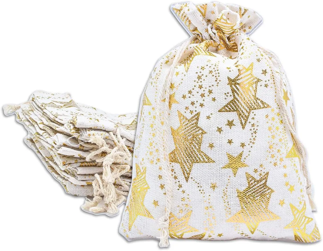 48-Pack 6x8 Cotton Canvas Muslin Reusable Gift Bags w. Drawstrings (Golden Stars, Medium) - for Presents, Party Favors, Retail, Samples by TheDisplayGuys