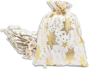 48-Pack 6x8 Cotton Canvas Muslin Reusable Gift Bags w. Drawstrings (Golden Stars, Medium) - for Presents, Party Favors, Retail, Samples by TheDisplayGuys