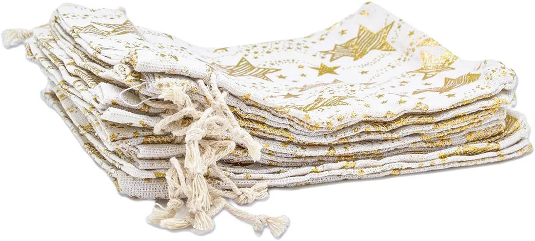 48-Pack 6x8 Cotton Canvas Muslin Reusable Gift Bags w. Drawstrings (Golden Stars, Medium) - for Presents, Party Favors, Retail, Samples by TheDisplayGuys