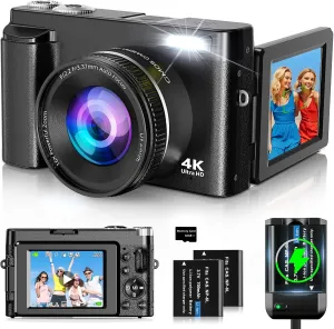 4K Digital Camera for Photography and Video, Autofocus 48MP Vlogging Camera for YouTube with 3'' 180°Flip Screen 16X Zoom Compact Travel Cameras with SD Card, 2 Batteries, Anti-Shake, Flash (Black)