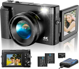 4K Digital Camera for Photography Autofocus, Upgraded 48MP Vlogging Camera for YouTube with SD Card, 3" 180 Flip Screen Compact Travel Camera with 16X Digital Zoom, Flash, Anti-Shake, 2 Batteries