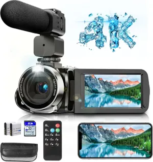 4K Video Camera, Camcorder with IR Night Vision, Digital Camera, 18X Digital Zoom, APP Connection, Vlogging Camera for YouTube, Video Camera, Built in Microphone, Remote, 3" Touch Screen