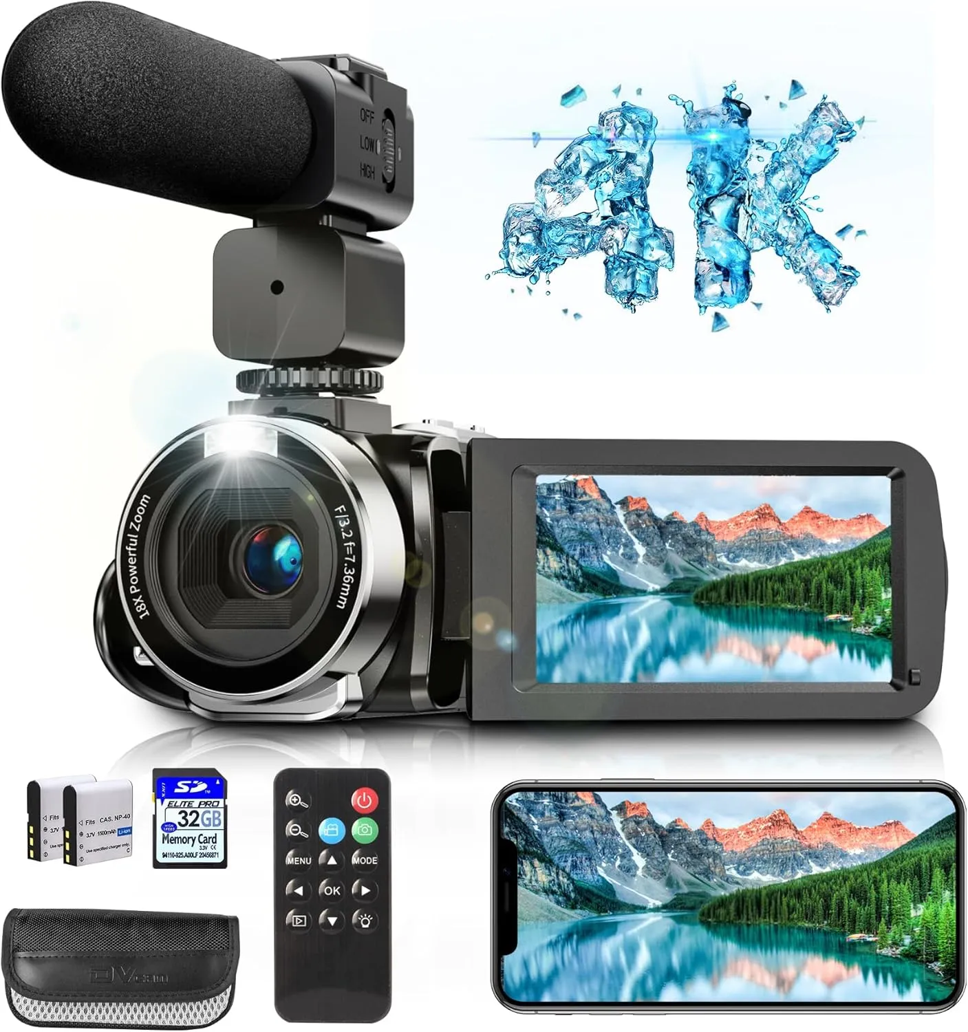 4K Video Camera, Camcorder with IR Night Vision, Digital Camera, 18X Digital Zoom, APP Connection, Vlogging Camera for YouTube, Video Camera, Built in Microphone, Remote, 3" Touch Screen