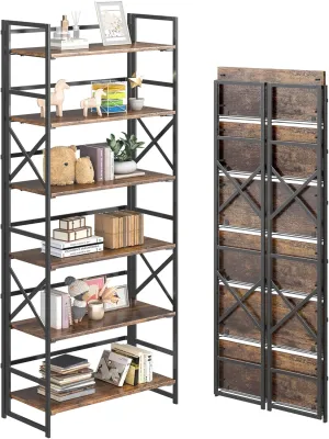4NM No Assembly Folding Bookshelf Storage Shelves 6 Tiers, Foldable Vintage Plant Flower Stand Storage Rack Shelves Bookcase for Home Office - Rustic Brown and Black