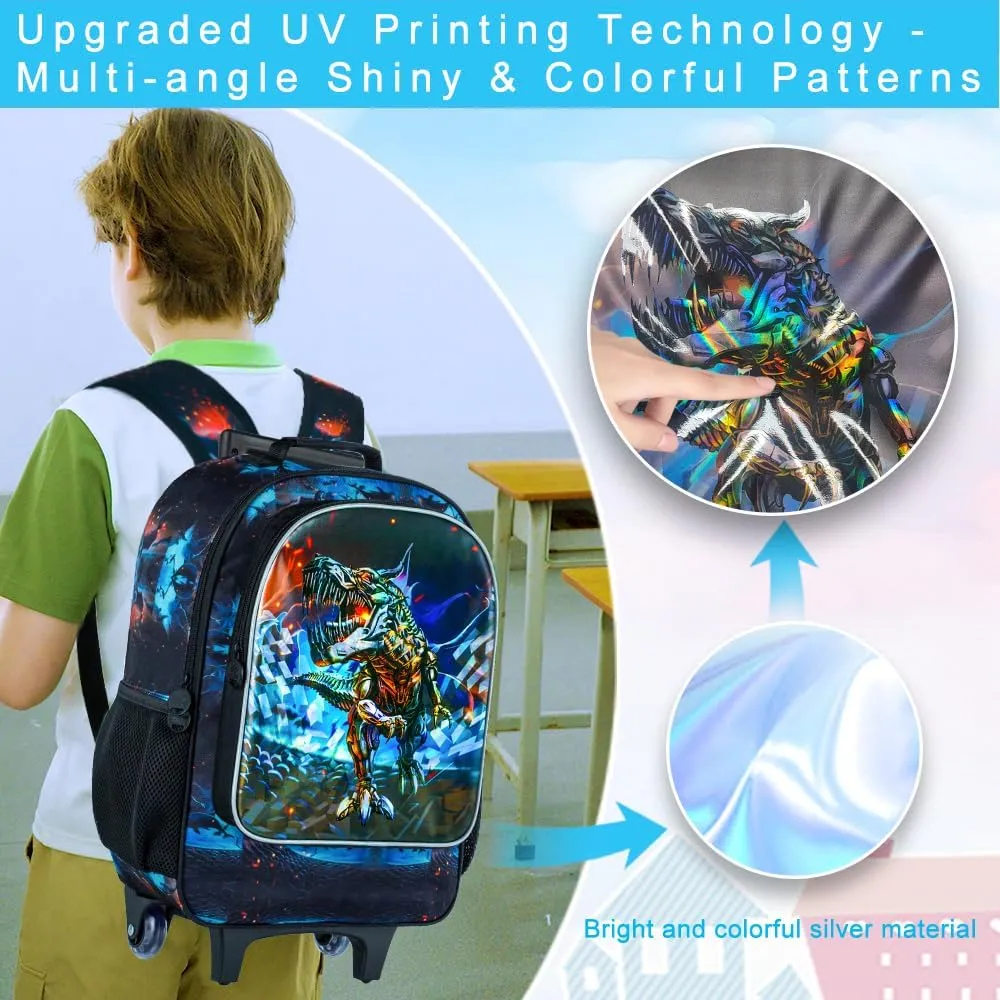 4PCS Rolling Backpack for Boys,Kids Dinosaur Backpacks with Roller Wheels, Wheeled Bookbag with Lunch Box for Toddler Elementary School