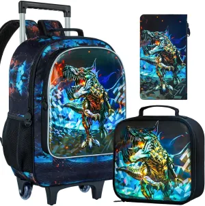 4PCS Rolling Backpack for Boys,Kids Dinosaur Backpacks with Roller Wheels, Wheeled Bookbag with Lunch Box for Toddler Elementary School