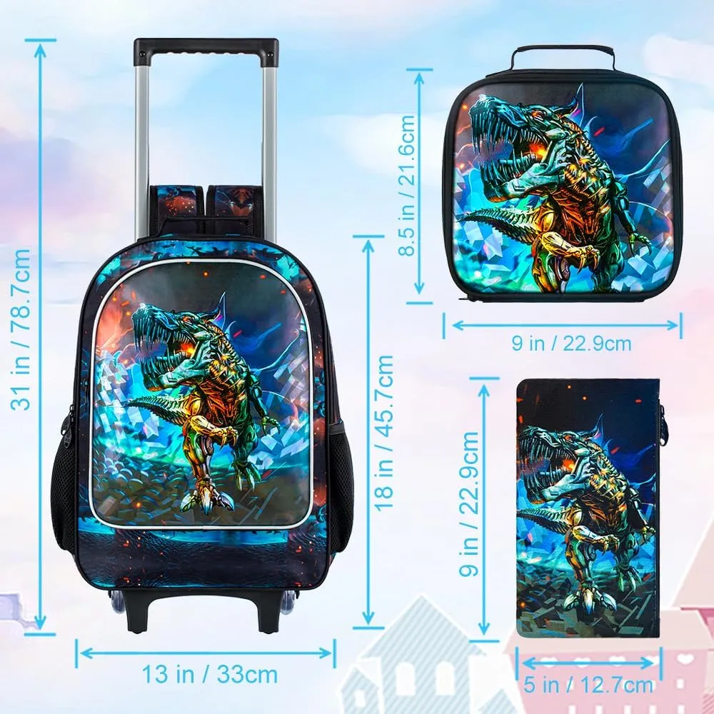 4PCS Rolling Backpack for Boys,Kids Dinosaur Backpacks with Roller Wheels, Wheeled Bookbag with Lunch Box for Toddler Elementary School