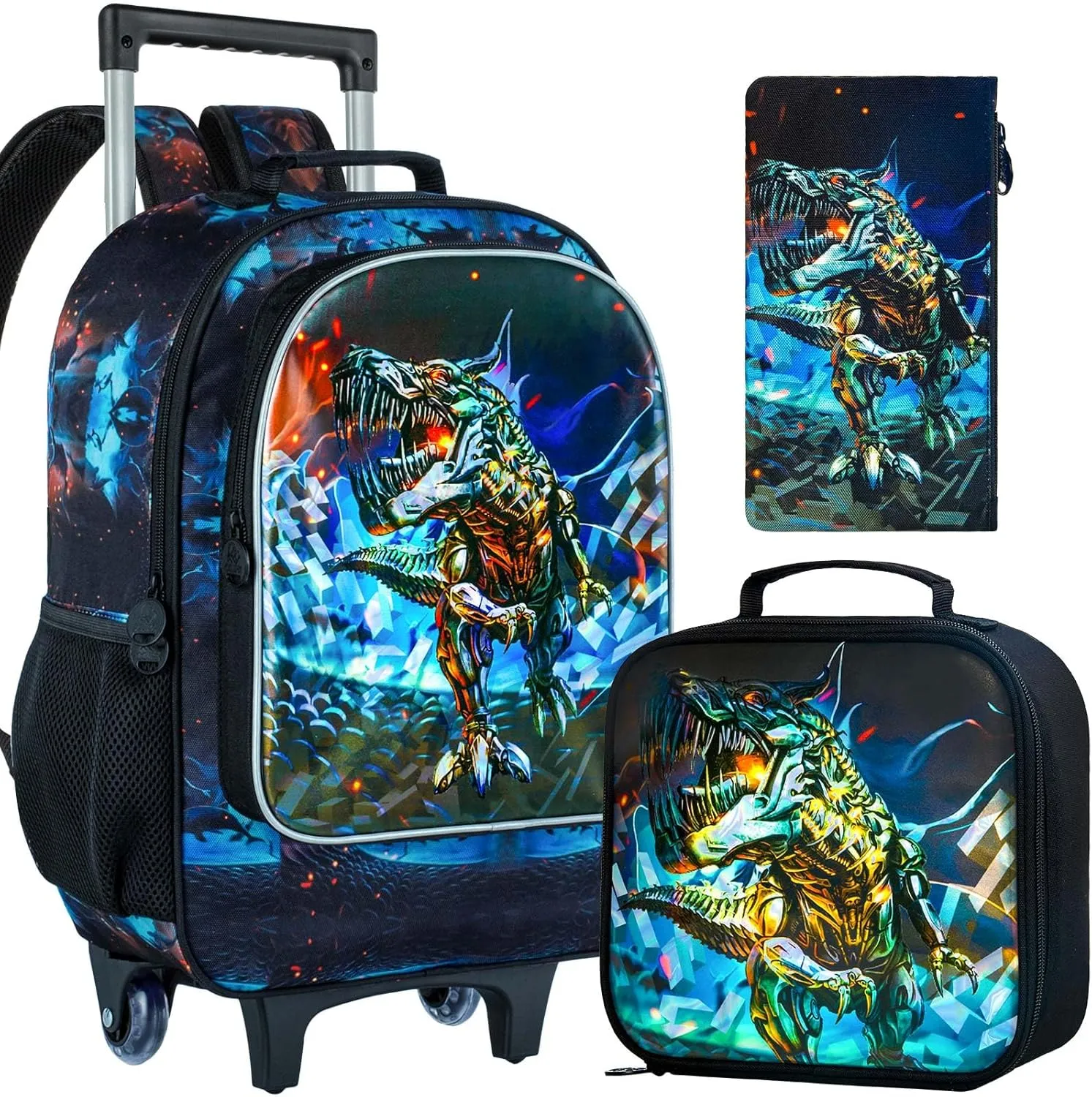 4PCS Rolling Backpack for Boys,Kids Dinosaur Backpacks with Roller Wheels, Wheeled Bookbag with Lunch Box for Toddler Elementary School
