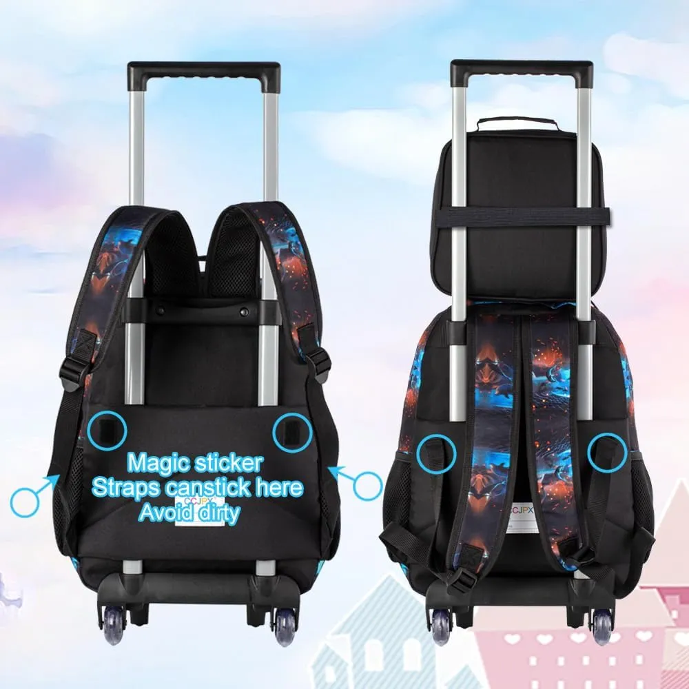 4PCS Rolling Backpack for Boys,Kids Dinosaur Backpacks with Roller Wheels, Wheeled Bookbag with Lunch Box for Toddler Elementary School