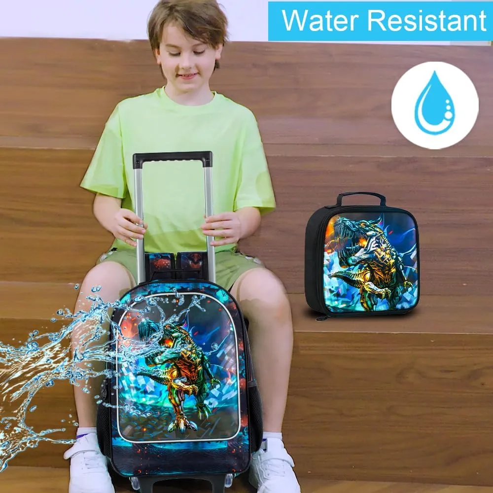 4PCS Rolling Backpack for Boys,Kids Dinosaur Backpacks with Roller Wheels, Wheeled Bookbag with Lunch Box for Toddler Elementary School