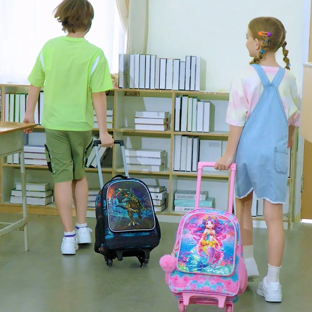 4PCS Rolling Backpack for Boys,Kids Dinosaur Backpacks with Roller Wheels, Wheeled Bookbag with Lunch Box for Toddler Elementary School