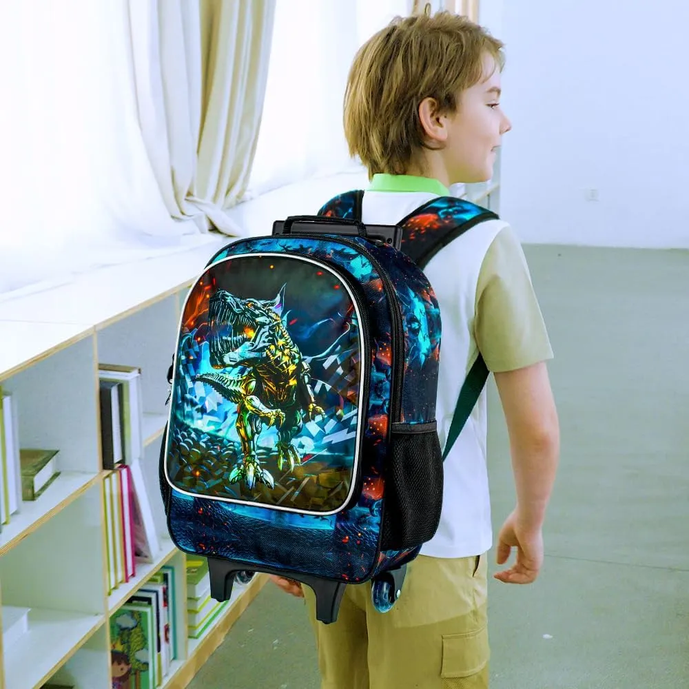4PCS Rolling Backpack for Boys,Kids Dinosaur Backpacks with Roller Wheels, Wheeled Bookbag with Lunch Box for Toddler Elementary School