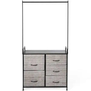 5 Drawers Fabric Dresser with Hanger Metal Top Storage Closet Organizer